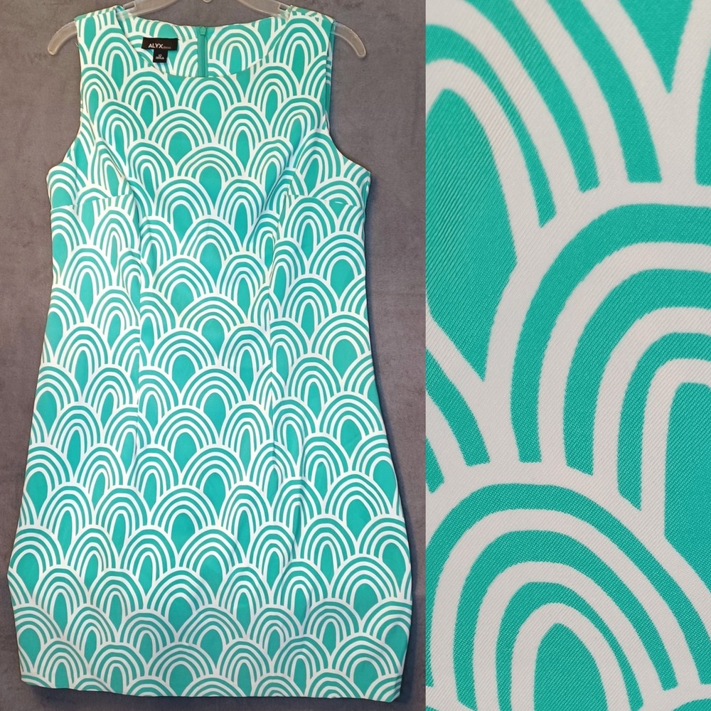 Dress Womens Large‎ Teal Sleeveless Geometric Print Design Spring Office Attire